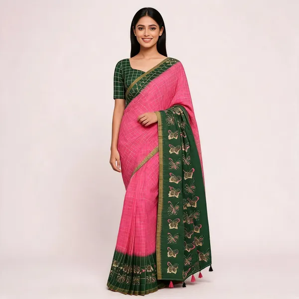 Pink_And_Green_Cotton_Linen_Saree_For_Women