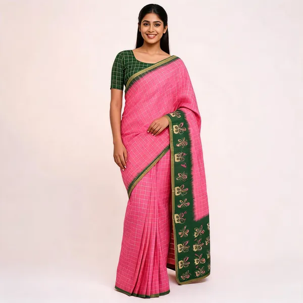 Pink_And_Green_Cotton_Linen_Saree_For_Women