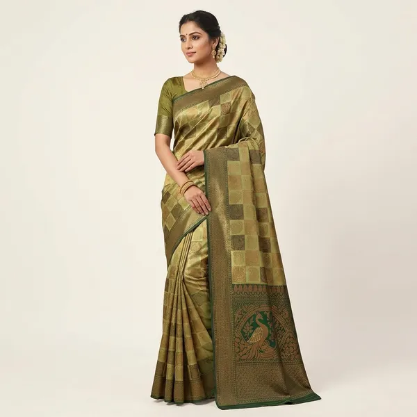 Gold_And_Green_Kanjeevaram_Banarasi_Silk_Saree_For_Women