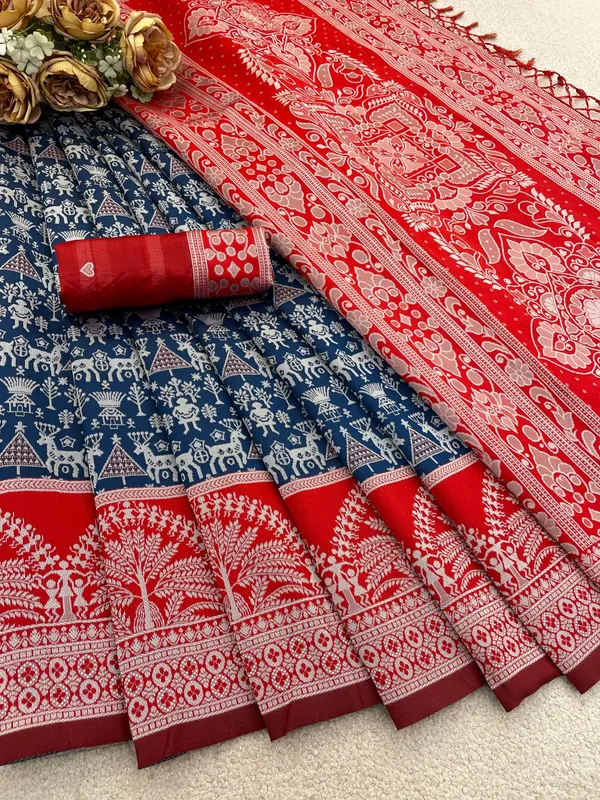 Blue_And_Red_Banarasi_Art_Silk_Saree_For_Women