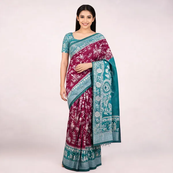 Teal_And_Maroon_Banarasi_Art_Silk_Saree_For_Women