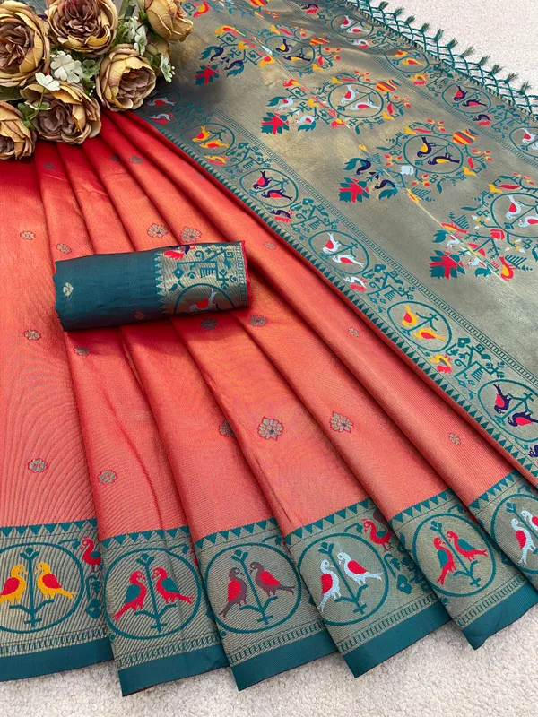 Peach_Paithani_Banarasi_Silk_Saree_For_Women