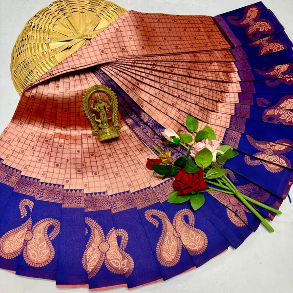 Peach_And_Blue_Kanjeevaram_Banarasi_Silk_Saree_For_Women