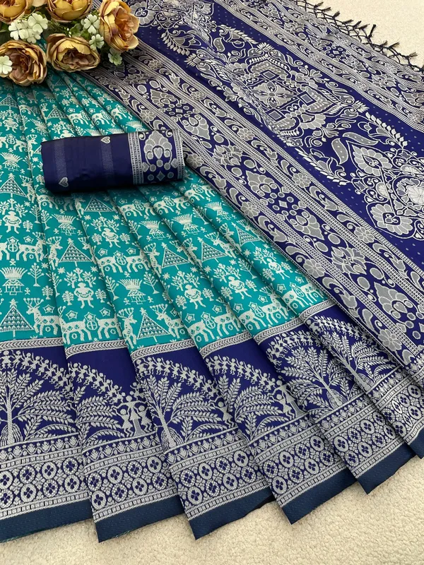 Teal_And_Navy_Banarasi_Art_Silk_Saree_For_Women
