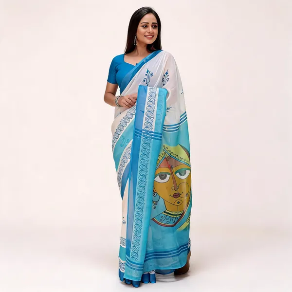 Blue_And_White_Cotton_Linen_Saree_For_Women