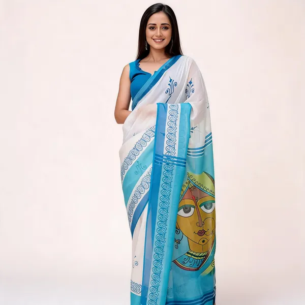 Blue_And_White_Cotton_Linen_Saree_For_Women