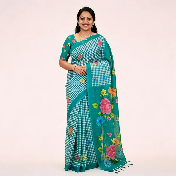 Turquoise__Cotton_Linen_Saree_For_Women