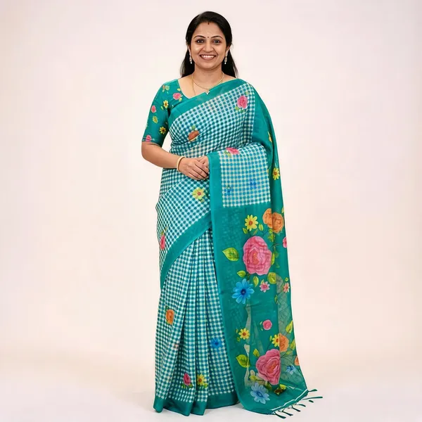 Turquoise__Cotton_Linen_Saree_For_Women