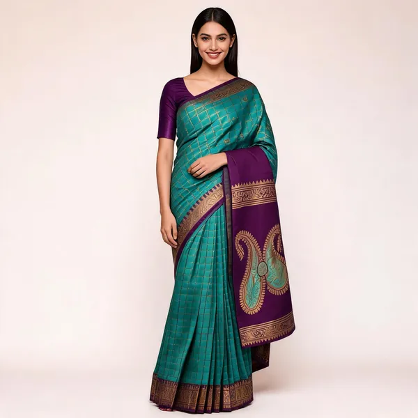 Teal_And_Green_Kanjeevaram_Banarasi_Silk_Saree_For_Women