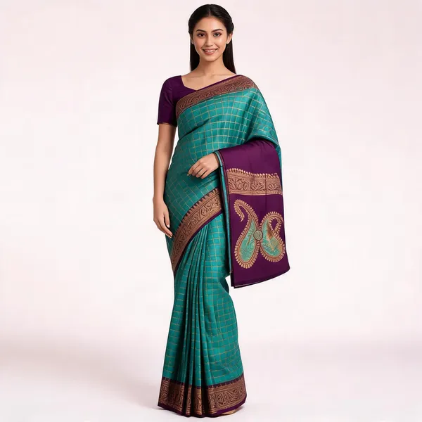 Teal_And_Green_Kanjeevaram_Banarasi_Silk_Saree_For_Women