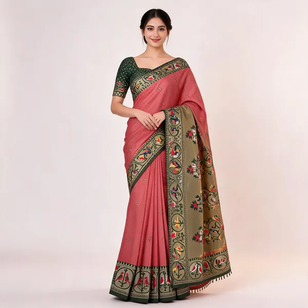 Pink_And_Green_Paithani_Banarasi_Silk_Saree_For_Women