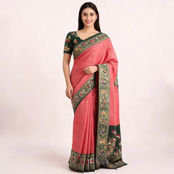 Pink_And_Green_Paithani_Banarasi_Silk_Saree_For_Women