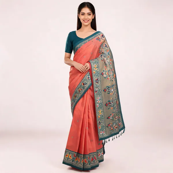 Peach_Paithani_Banarasi_Silk_Saree_For_Women