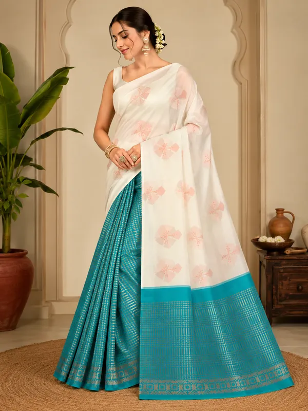 Teal_And_White_Lightweight_Soft_Kanjeevaram_Silk_Saree_For_Women