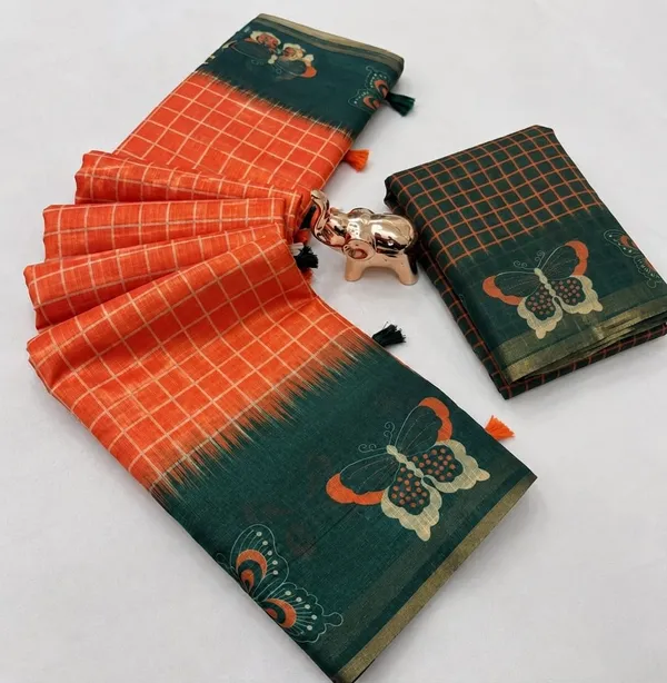 Orange_And_Green_Cotton_Linen_Saree_For_Women