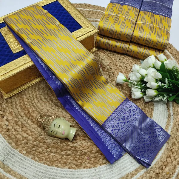 Gold_And_Blue_Kanjeevaram_Banarasi_Silk_Saree_For_Women