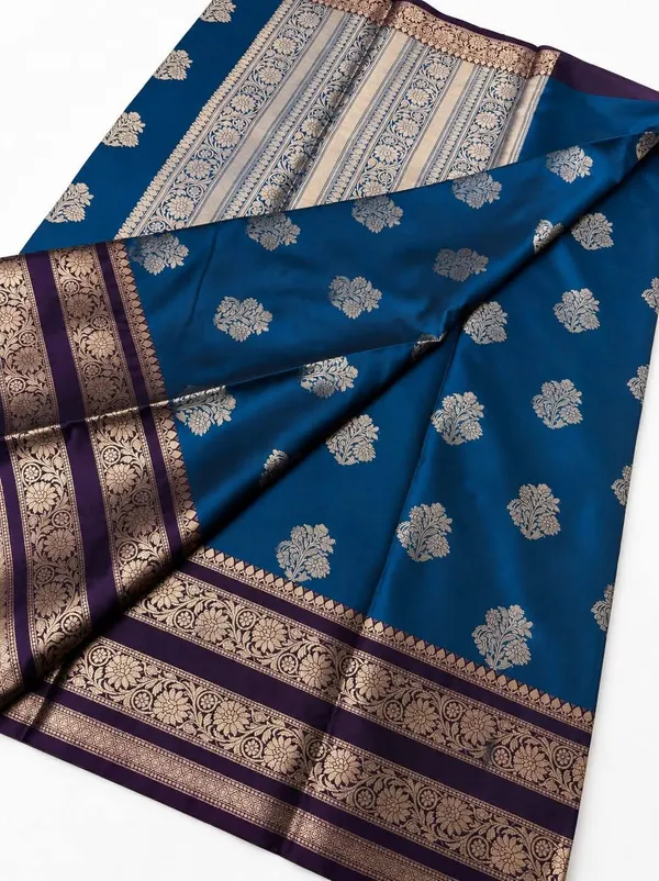 Royal_Blue_Banarasi_Silk_Saree_with_kanjivaram_Silver_Zari_Motifs_and_Purple_Border_Party_wear_with_tassels_and_latkans_With_blouse_piece