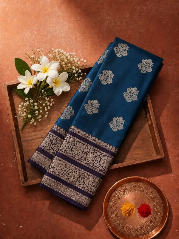 Royal_Blue_Banarasi_Silk_Saree_with_kanjivaram_Silver_Zari_Motifs_and_Purple_Border_Party_wear_with_tassels_and_latkans_With_blouse_piece