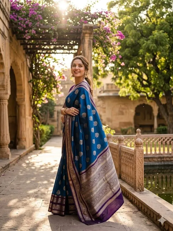 Royal_Blue_Banarasi_Silk_Saree_with_kanjivaram_Silver_Zari_Motifs_and_Purple_Border_Party_wear_with_tassels_and_latkans_With_blouse_piece