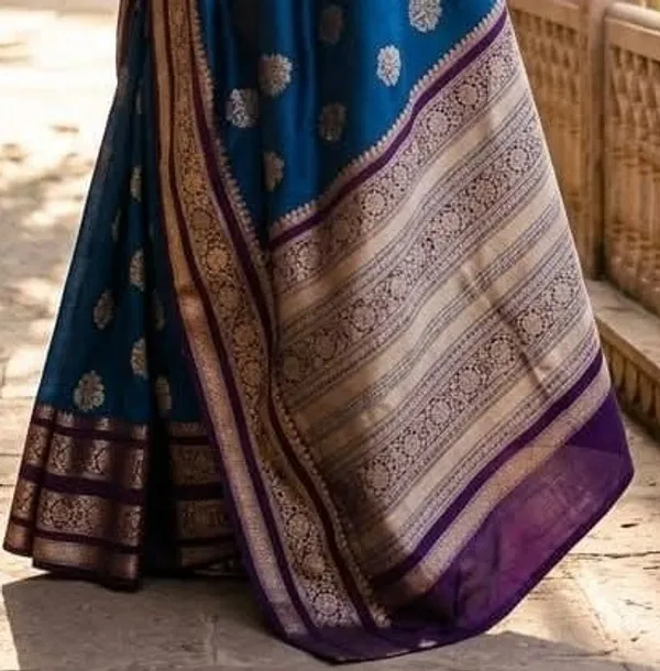 Royal_Blue_Banarasi_Silk_Saree_with_kanjivaram_Silver_Zari_Motifs_and_Purple_Border_Party_wear_with_tassels_and_latkans_With_blouse_piece