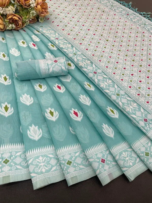 Turquoise_Banarasi_Cotton_Silk_Saree_For_Women