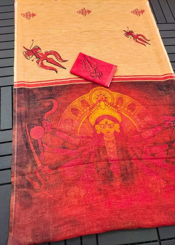 Beige_And_Red_Cotton_Linen_Saree_For_Women