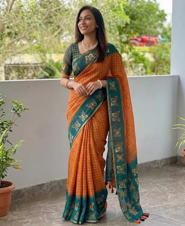 Orange_And_Green_Cotton_Linen_Saree_For_Women