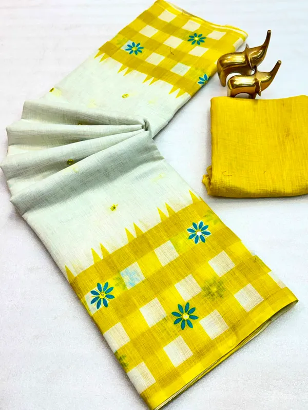White_And_Yellow_Cotton_Linen_Saree_For_Women