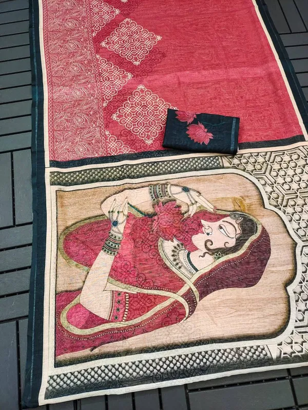Red_And_Black_Cotton_Linen_Saree_For_Women