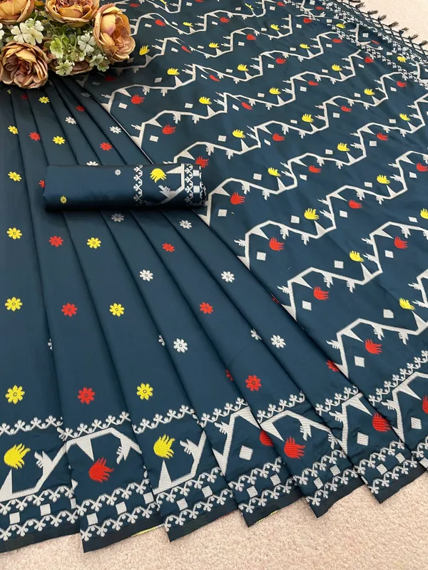 Teal_Soft_Kanchipuram_Litchi_Korvai_Silk_Saree_For_Women