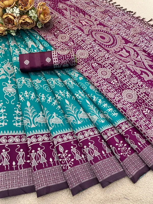 Teal_And_Maroon_Banarasi_Art_Silk_Saree_For_Women