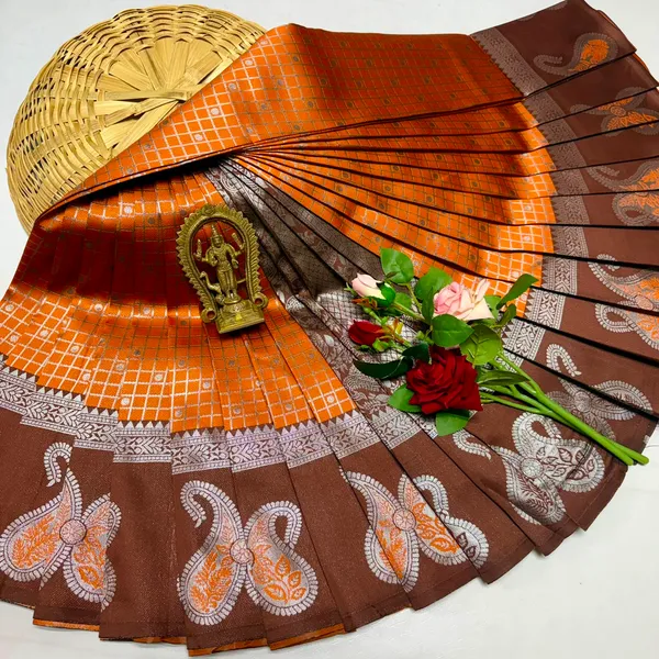 Orange_And_Brown_Kanjeevaram_Banarasi_Silk_Saree_For_Women