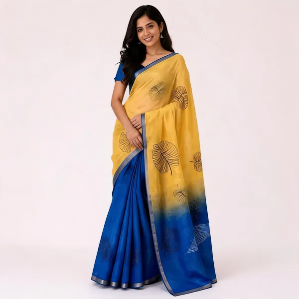 Yellow_And_Blue_Cotton_Linen_Saree_For_Women