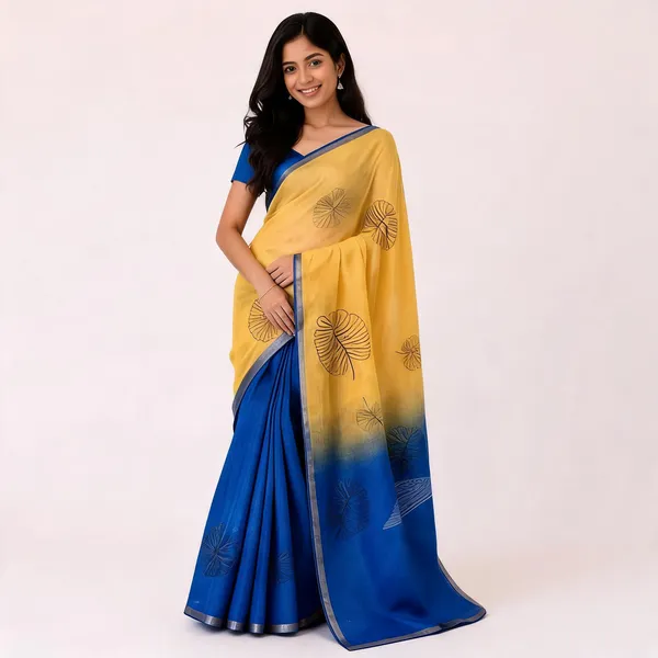 Yellow_And_Blue_Cotton_Linen_Saree_For_Women