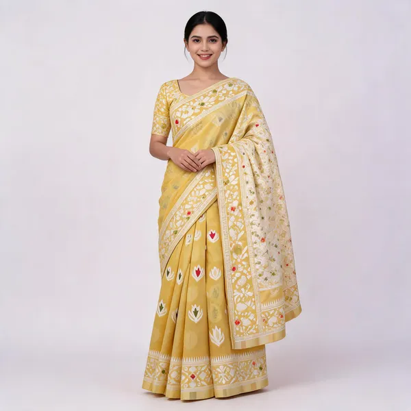 Yellow_Banarasi_Cotton_Silk_Saree_For_Women
