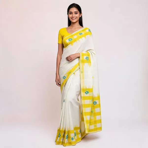 White_And_Yellow_Cotton_Linen_Saree_For_Women