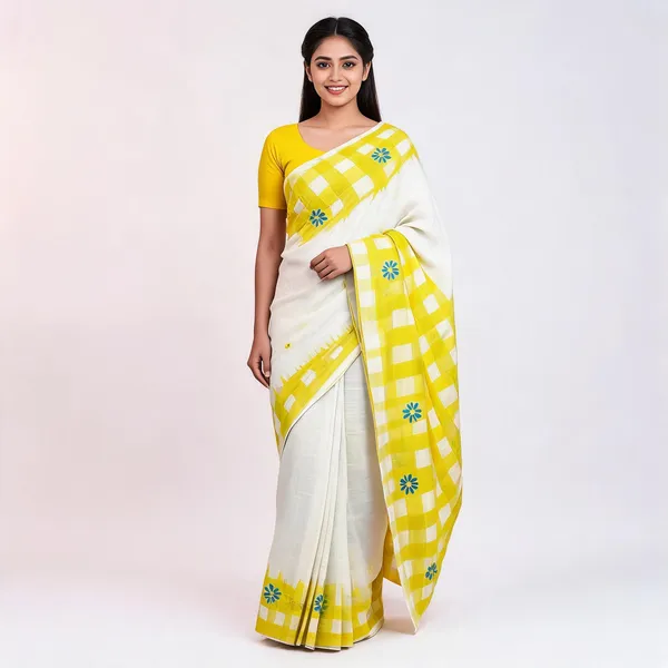White_And_Yellow_Cotton_Linen_Saree_For_Women