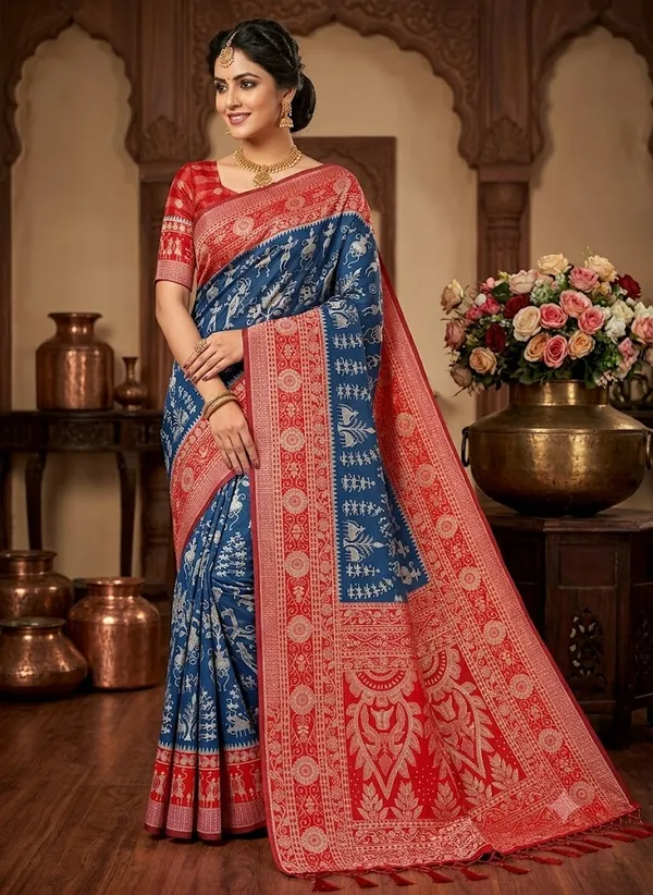 Sambalpuri_Banarasi_Silk_Kanjeevaram_Saree_Traditional_Party_Wear_beautifully_crafted_with_traditional_weaving_with_Tassels_Latkan_and_Blouse_Piece
