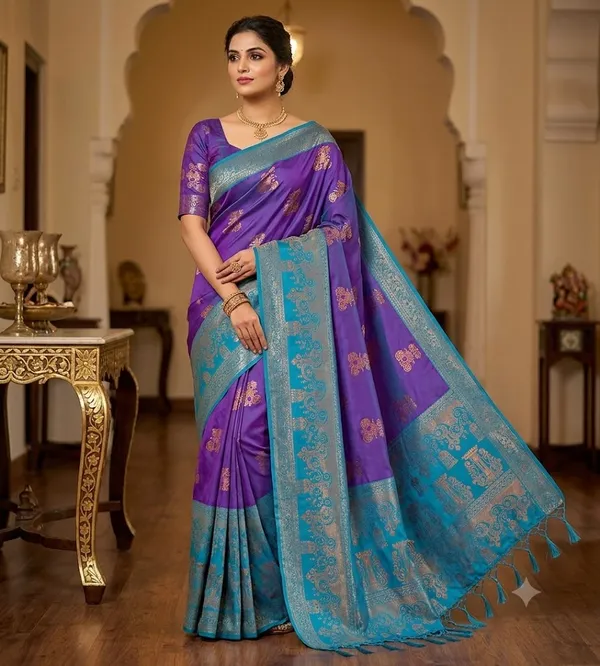 Banarasi_Kanjeevaram_Silk_Saree_with_Rich_Zari_Weaving_and_festive_and_wedding_wear_And_Party_Wear_collection_With_Tassels_Latkan_And_Blouse_Piece