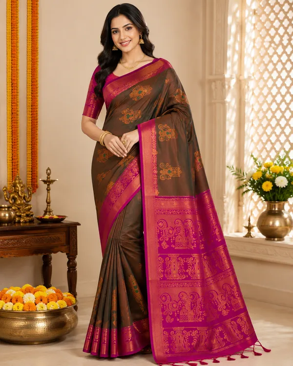 BROWN_RANI_BANARASI_LITCHI_SILK_SAREE