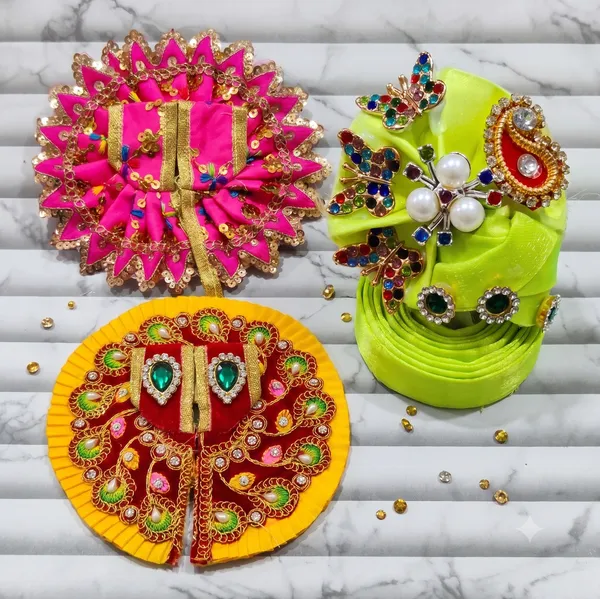 Laddu_Gopal_3-Piece_Combo_Set_Size_2_2_Poshaks_And_1_Matching_Pagadi,Mukut_Assorted_Colors,_Same_Design