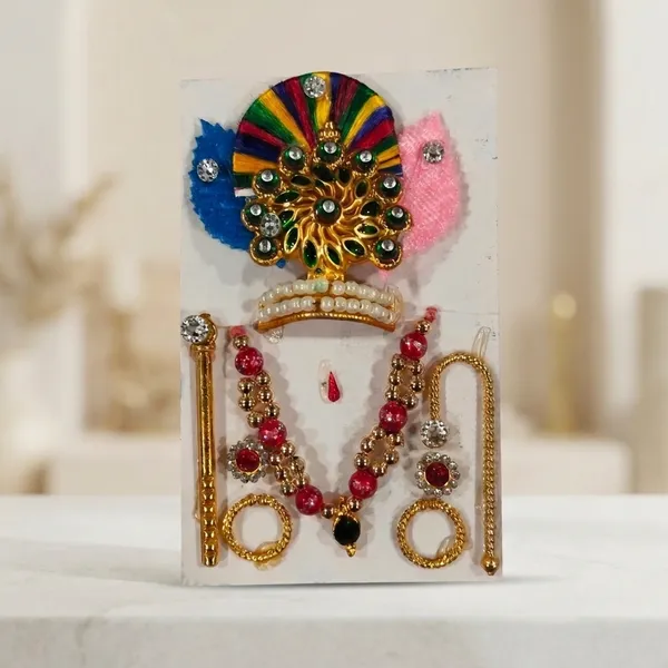 Laddu_Gopal_Poshak_Combo_Set_Size_3_-_3pc_Dress_And_1pc_Mukut_Mala_Jewellery_Set_Assorted_Colors,_Same_Design