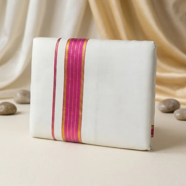 Premium_White_Cotton_Full-Length_Dhoti_with_Bold_Violet_And_Gold_Zari_Border_4.25_Mtrs