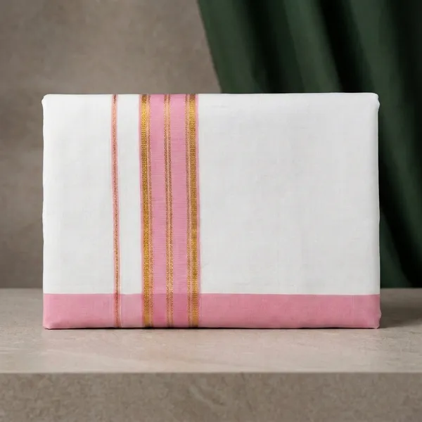 Premium_White_Cotton_Full-Length_Dhoti_with_Bold_Baby_Pink_And_Gold_Zari_Border_4.25_Mtrs