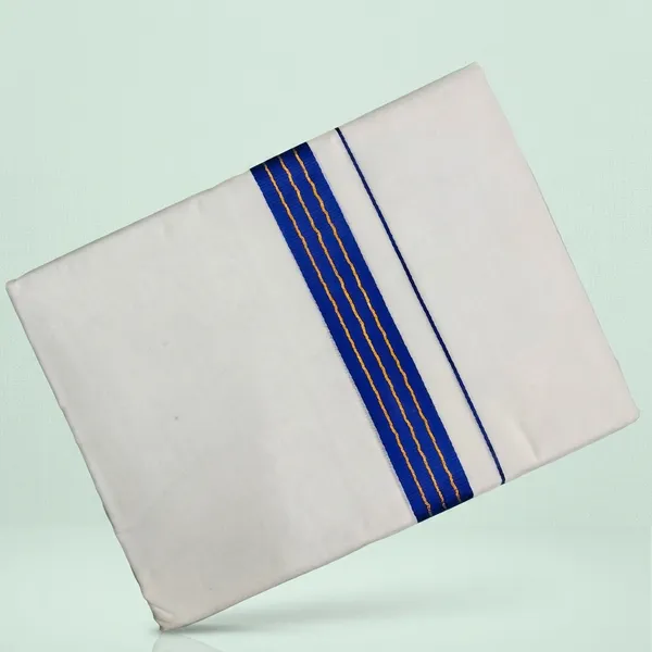 Premium_White_Cotton_Full-Length_Dhoti_with_Bold_Blue_And_Gold_Zari_Border_4.25_Mtrs