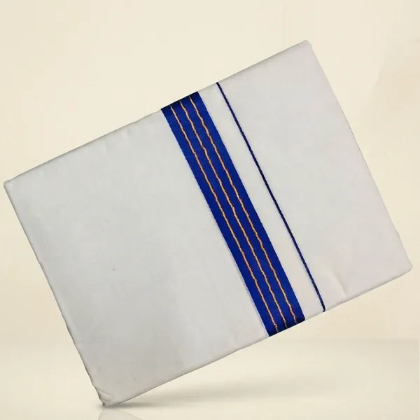 Premium_White_Cotton_Full-Length_Dhoti_with_Bold_Blue_And_Gold_Zari_Border_4.25_Mtrs