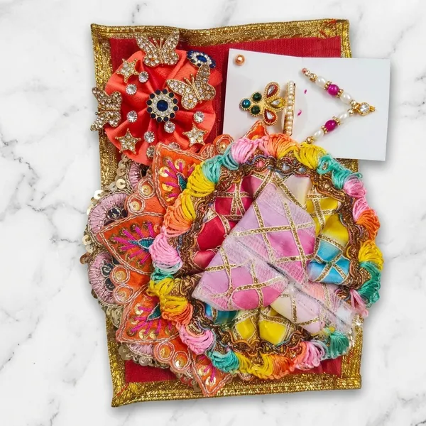 Laddu_Gopal_Complete_Shringar_Combo_Set_-_3_Pcs_Designer_Poshak_Assorted_Colors,_Same_Design_with_Matching_Pagdi,_Mukut_Mala_Set,_and_Velvet_Asan_4x6_Inch