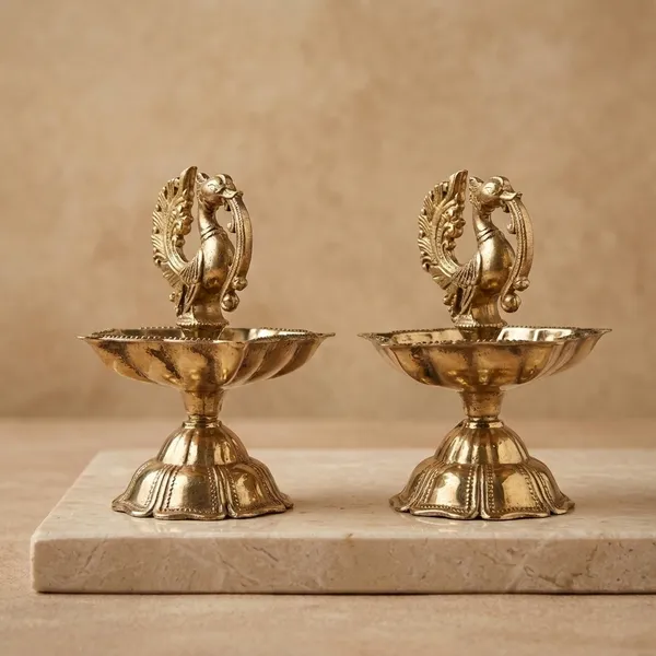 Pure_Brass_Peacock_Diya_Set_of_2_-_3-Inch_Designer_Pital_Samai_And_Oil_Lamp_for_Puja_And_Home_Decor