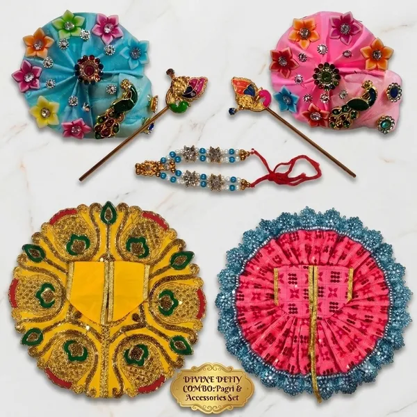 Laddu_Gopal_Poshak_Combo_Set_Size_6_-_2pc_Dress,_1pc_Mukut,_1pc_Mala,_1pc_Basuri_Assorted_Colors,_Matching_Design