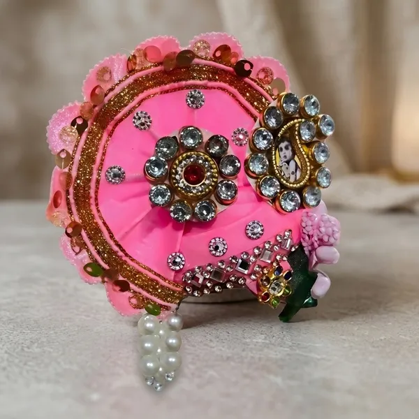 Laddu_Gopal_Heavy_Poshak_Combo_Size_4_-_2-Piece_Embroidered_Velvet_And_Makmal_Dress_with_1_Stone-Work_Mukut_Assorted_Colors,_Same_Design